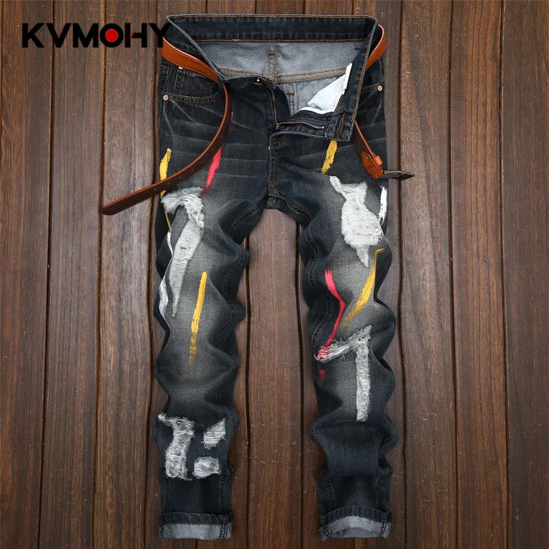

Men Jeans Hip Hop New Fashion Designer Straight Denim Pants Male Jeans Vintage Paint Pattern Slim Jean Mens Trousers