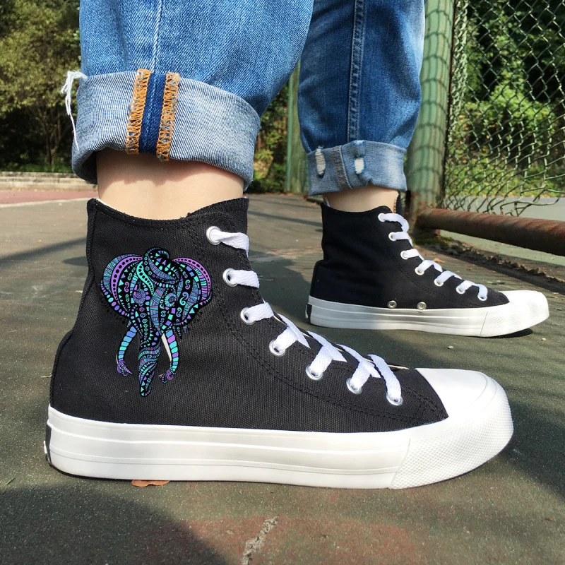 

Wen Original Design Elephant Totem Ethnic Style High Top Women Canvas Sneakers Men Skateboard Shoes Classic Black White Trainers