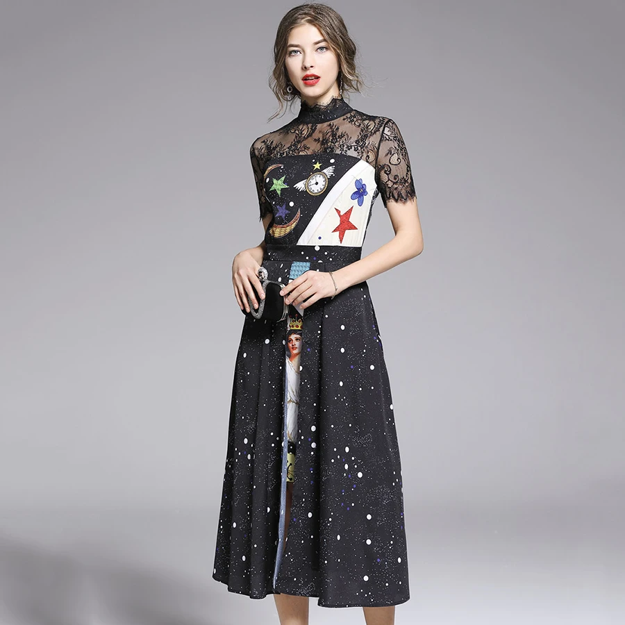 Женское кружевное лоскутное платье с коротким рукавом и воротником-стойкой