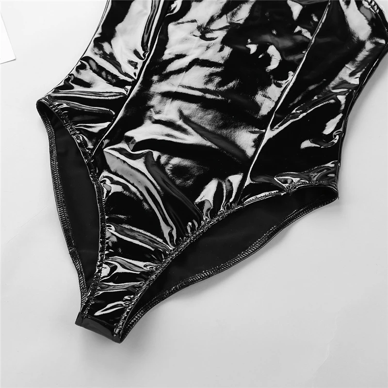 

Womens Wet Look Patent Leather Maid Cosplay Costume Halter Jumpsuit with Apron Maidservant Outfit Sexy Nightclub Costumes