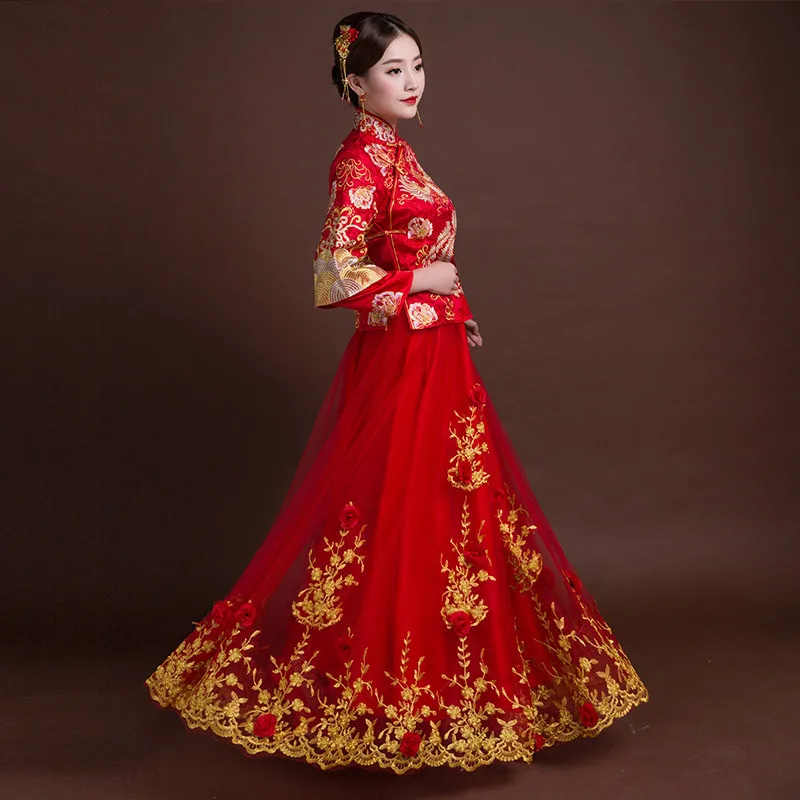 Women Traditional Cheongsam Wedding Gowns Bride Red Chinese Dress Qipao Phoenix Embroidery Robe Oriental Style Dresses | Тематическая