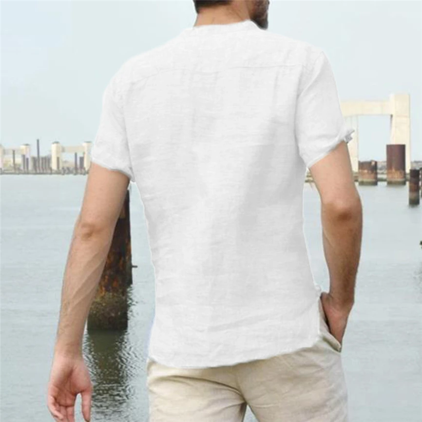 Мужская мешковатая футболка из хлопка и льна Однотонная с коротким рукавом в
