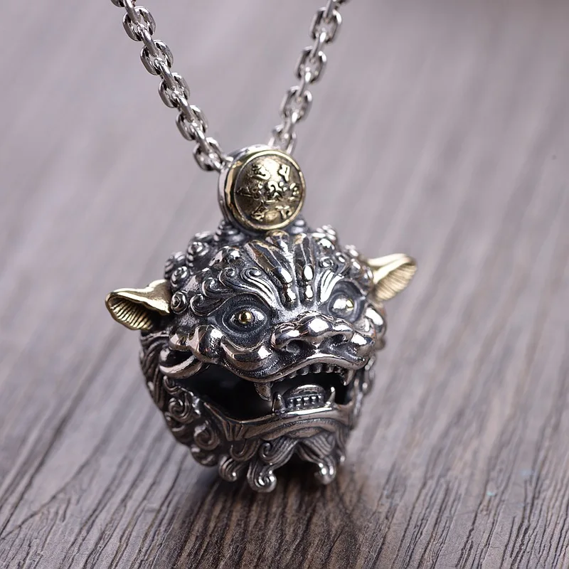 

S925 Sterling Silver Retro Old Beast Exorcism Bells Evil Spirits Silver Men and Women Pendant D312