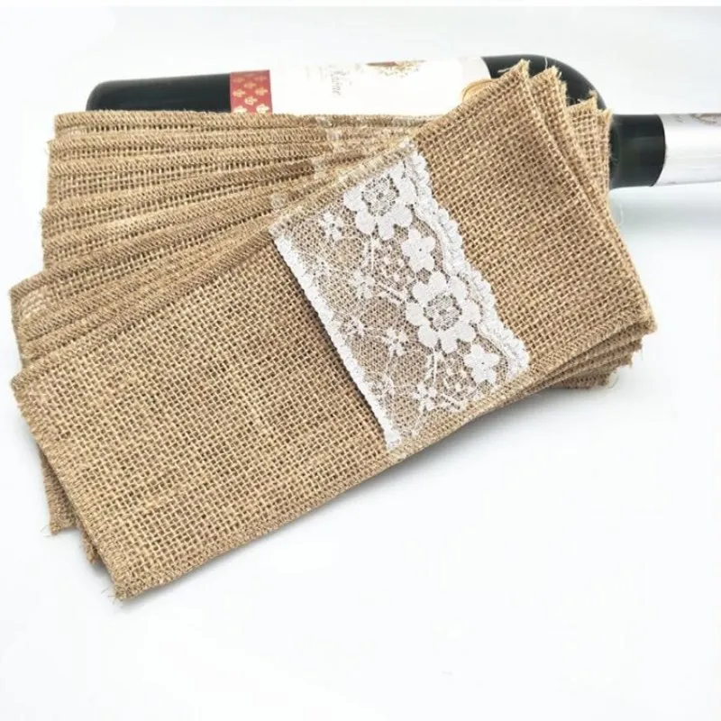 

10pcs Natural Jute Burlap Cutlery Holders Packaging Fork and Knife for Wedding , Party Decoration , 4x8 Inch AA7897