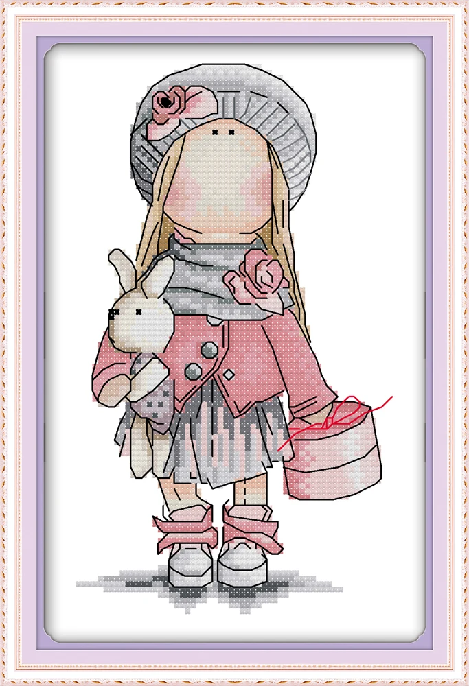 

Little girl holding a rabbit cross stitch kit aida 14ct 11ct count print canvas stitches embroidery DIY handmade needlework