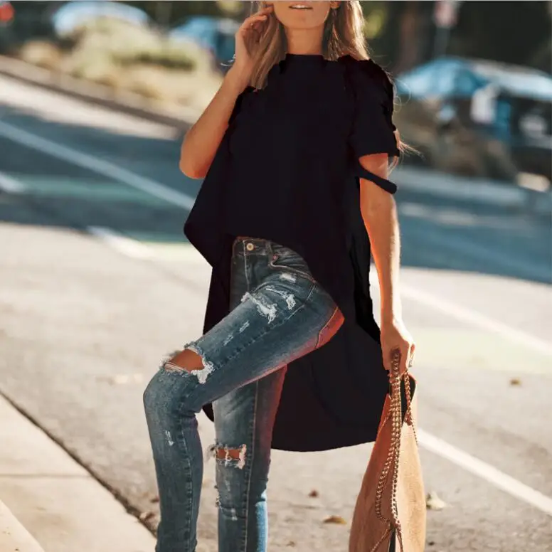 black t shirt Нерегулярный Футболка Женщина Одноцветный Сплошной Цвет Простой Длинный Спина Короткий Перед Хипстер Топ Распарывать Короткий Рукав Футболка Оверсайз Модный Свободный Майка Повседневный Уличный Стиль Круглый Воротник - Цвет: black t shirt