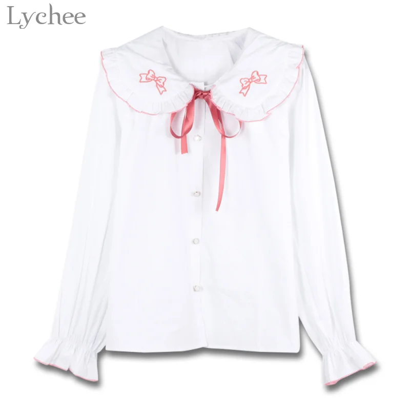 

Lychee в стиле Лолиты, женская блузка с бантом, вышивкой, рюшами, воротником Питер Пэн, рукавами-фонариками, весна-осень, женские топы