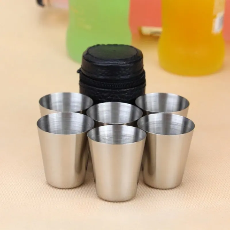 

6Pcs/Set Outdoor 30ml Mini Stainless Steel Shot Glass Cup Drinking Wine Glasses With Leather Cover Bag For Home Kitchen Bar