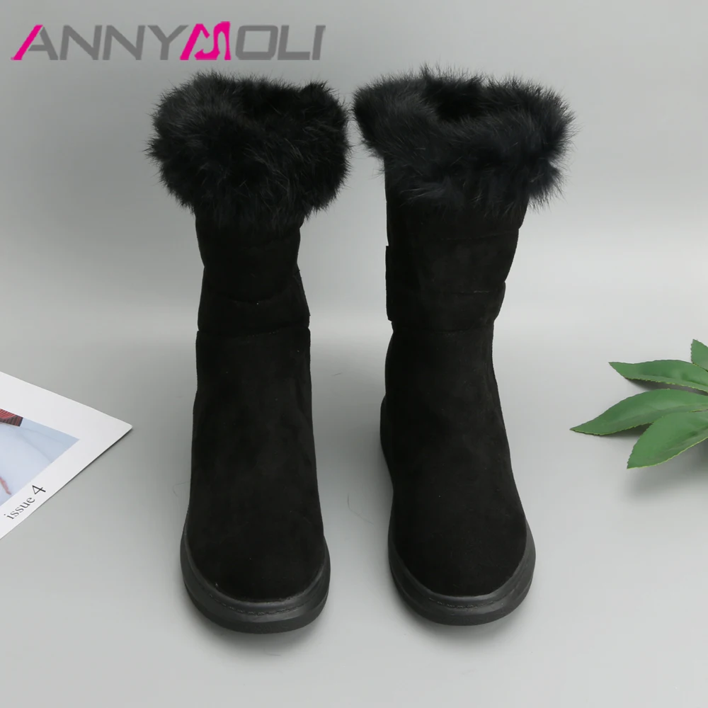 ANNYMOLI/женские зимние сапоги до середины икры на платформе со скрытым каблуком новая зимняя обувь на каблуке, увеличивающая рост, на натуральном меху черный цвет, большие размеры 43
