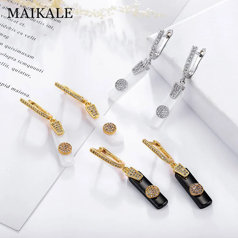 MAIKALE, новинка, модные серьги-капли, медь, AAA, кубический цирконий, черный, белый цвет, керамика, квадратные, золотой, серебряный цвет, серьги для женщин, подарок