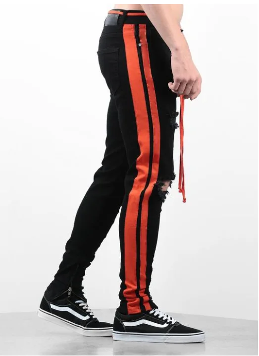 Moda Masculina Pantalones Vaqueros Hombre Kot Pantolon Foot Zipper Ripped Jeans for Men Red Webbing Black Men Jeans Pants Denim
