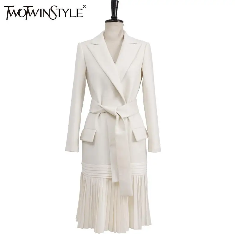 white TWOTWINSTYLE женские блейзеры на шнуровке, туника, кардиган, пальто, плиссированные карманы, белая Длинная ветровка большого размера, модная одежда - Цвет: white