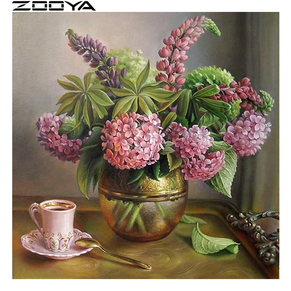 

ZOOYA Diamond Embroidery 5d DIY Diamond Painting Tea Set Pink Lilac Flowers Embroidered With Rhinestones Cross-Stitch Kits R773