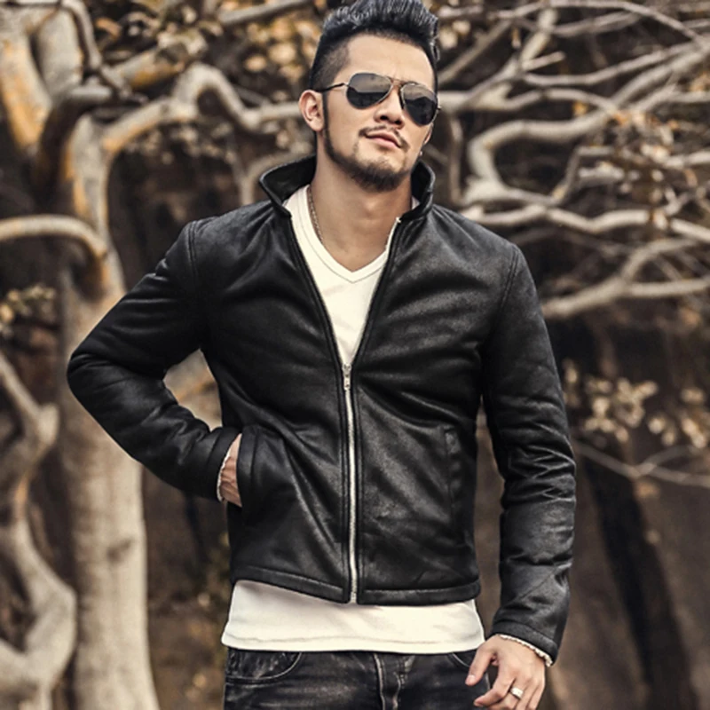 

New winter men slim fashion motorcycle biker PU leather jacket metrosexual men Windproof fur woolen leather jacket coat