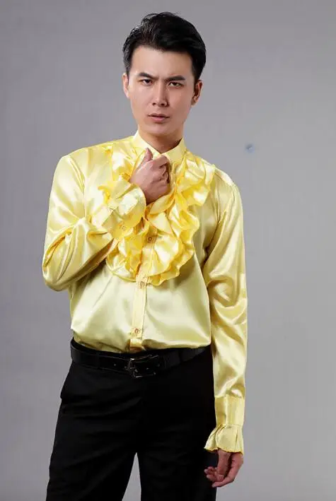 Желтая модная панк тонкая сексуальная рубашка с оборками Мужская длинным