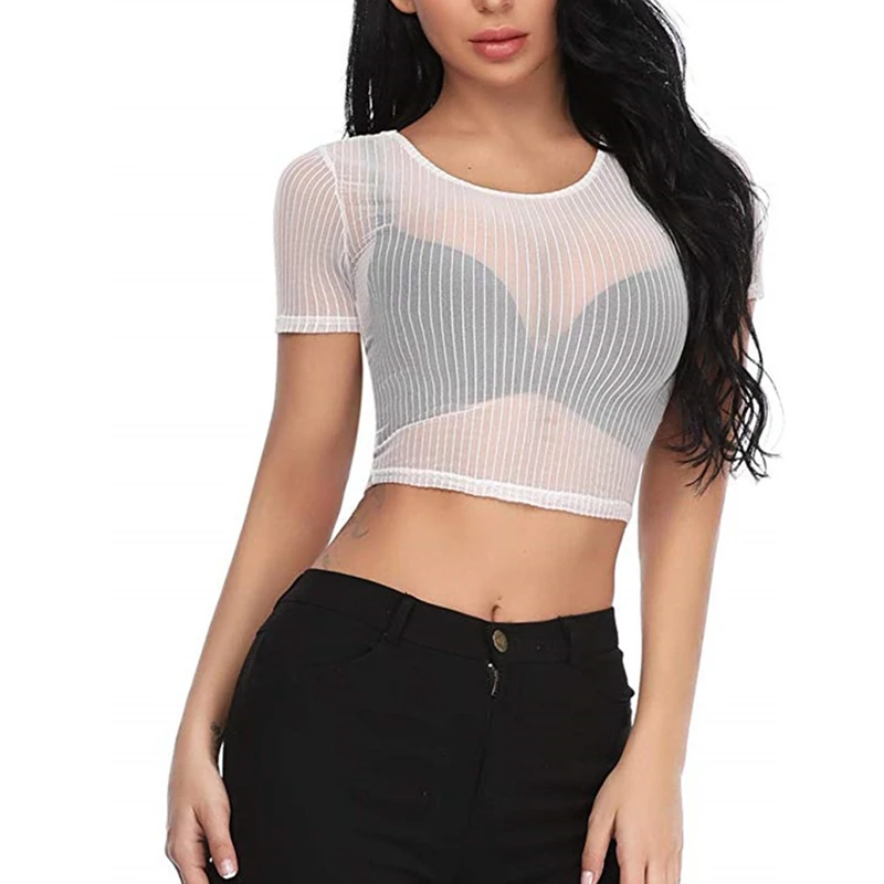 Женские пляжные укороченные топы с коротким рукавом Прозрачная Футболка круглым