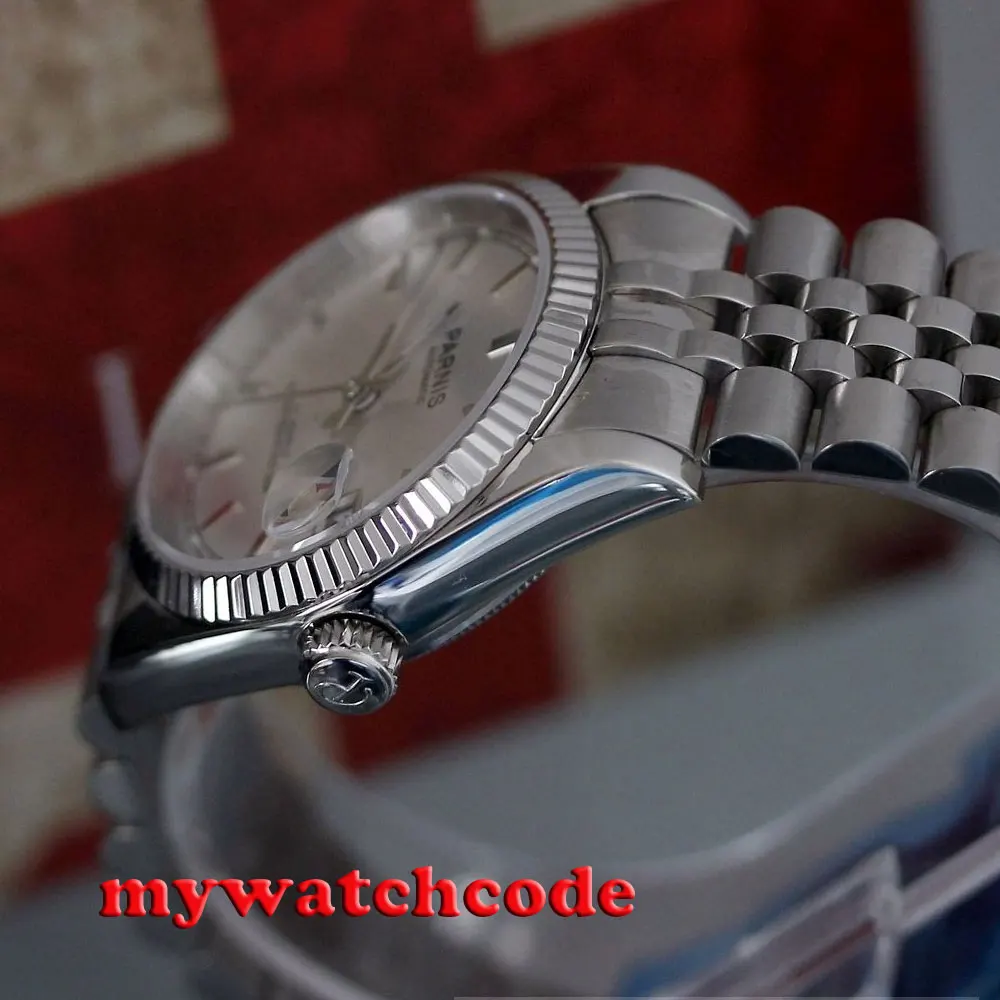 36 мм Parnis серебряный циферблат Автоматические Роскошные мужские часы Jubilee ремешок