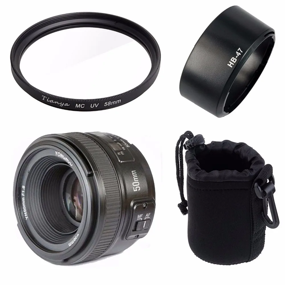 YONGNUO YN 50 мм YN50mm f/1,8 AF объектив+ бленда объектива+ 58 мм УФ-фильтр+ Чехол Набор Автофокус для камер Nikon AF-S 50 мм 1,8 г