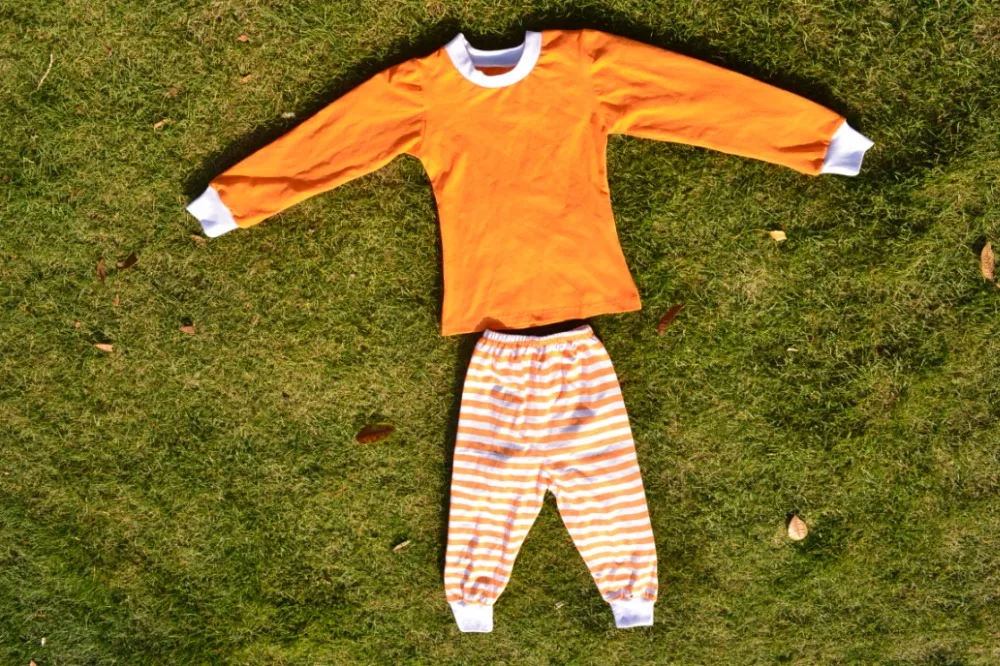 

new design orange sleepwear for cute girl long sleeve and long pant outfits cheap wholesale custom children pajamas