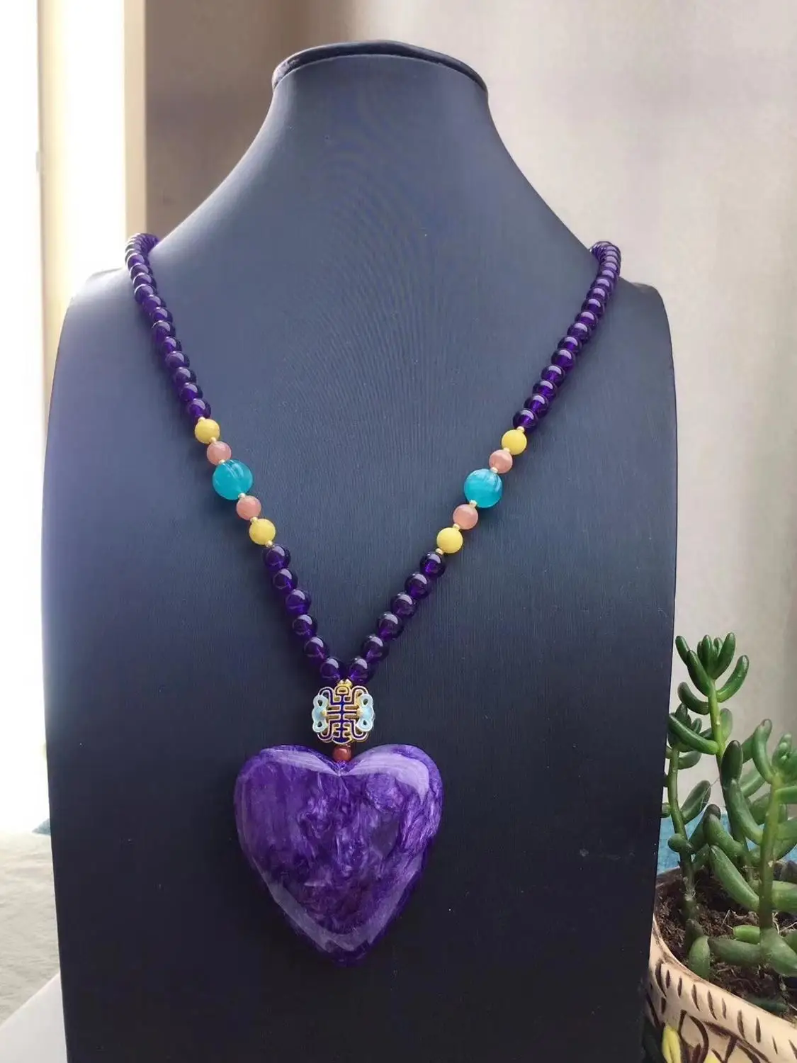 Top Quality Natural Purple Charoite Gemstone Pendant Women Heart Love 41x41x11mm Charm Beads Jewelry Necklace Gift AAAAA | Украшения и