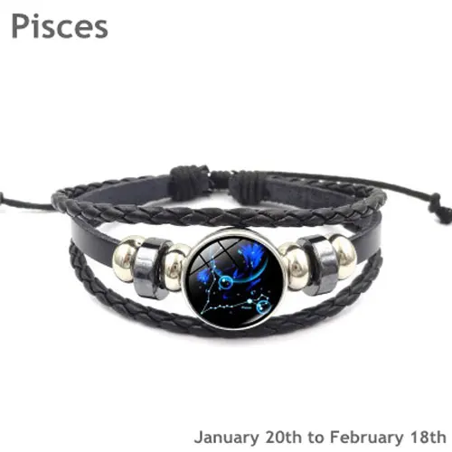 Pisces Новые кожаные браслеты ручной работы со светящимися 12 созвездиями и зодиакальными принтами, стеклянный браслет с кнопками, браслет для женщин и мужчин, ювелирные изделия - Окраска металла: Pisces