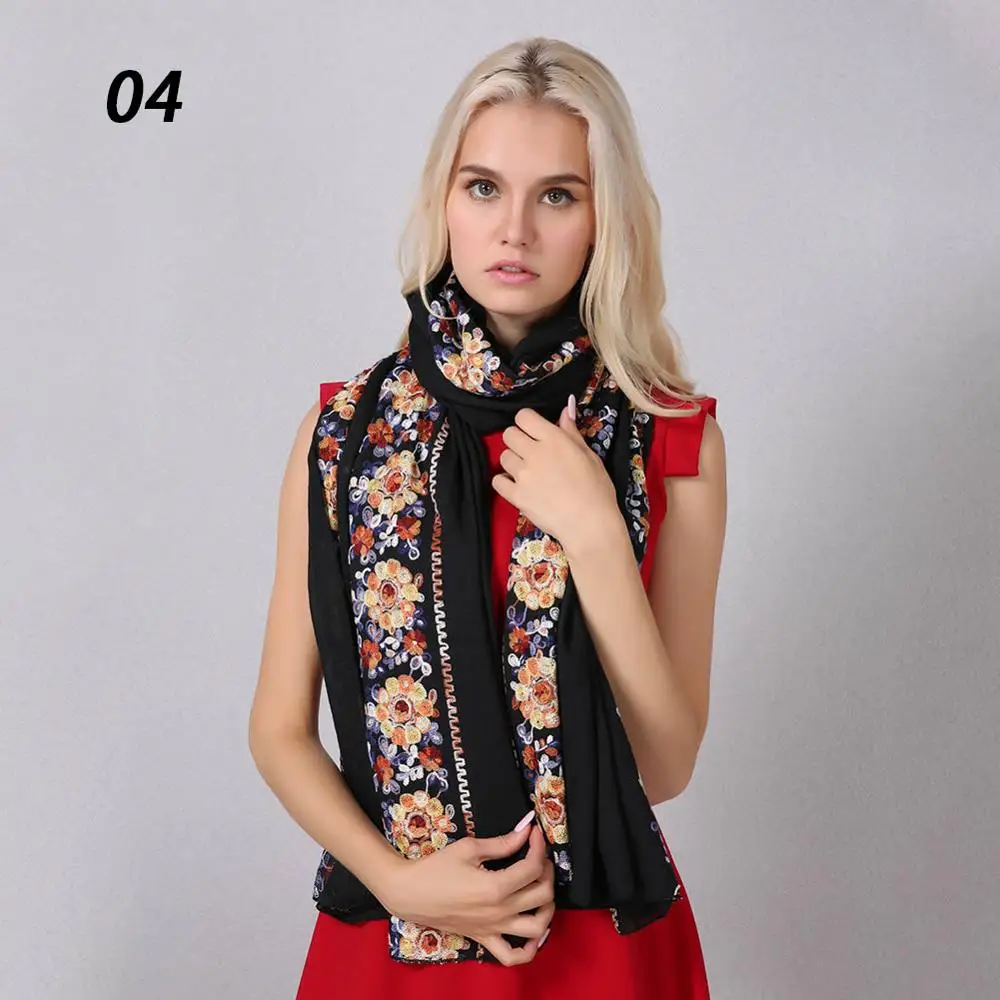 04 Black Sparsil, женские весенние элегантные хлопковые льняные шарфы, двухрядные, с цветочной вышивкой, мягкая большая шаль, Солнцезащитная тонкая пляжная Пашмина - Цвет: 04 Black