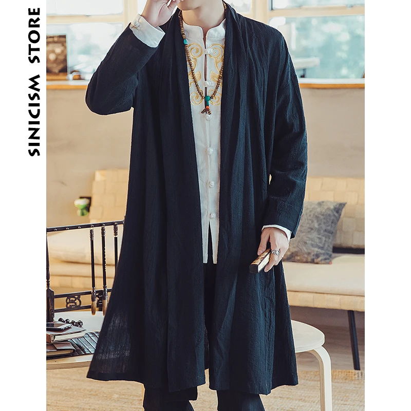 Black (Asian Size) Sinicism Store Мужская Длинная ветровка пальто летнее тонкое кимоно пальто винтажные мужские куртки одежда размера плюс - Цвет: Black (Asian Size)