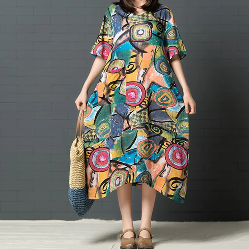 Женское винтажное платье с принтом повседневное свободное средней длины