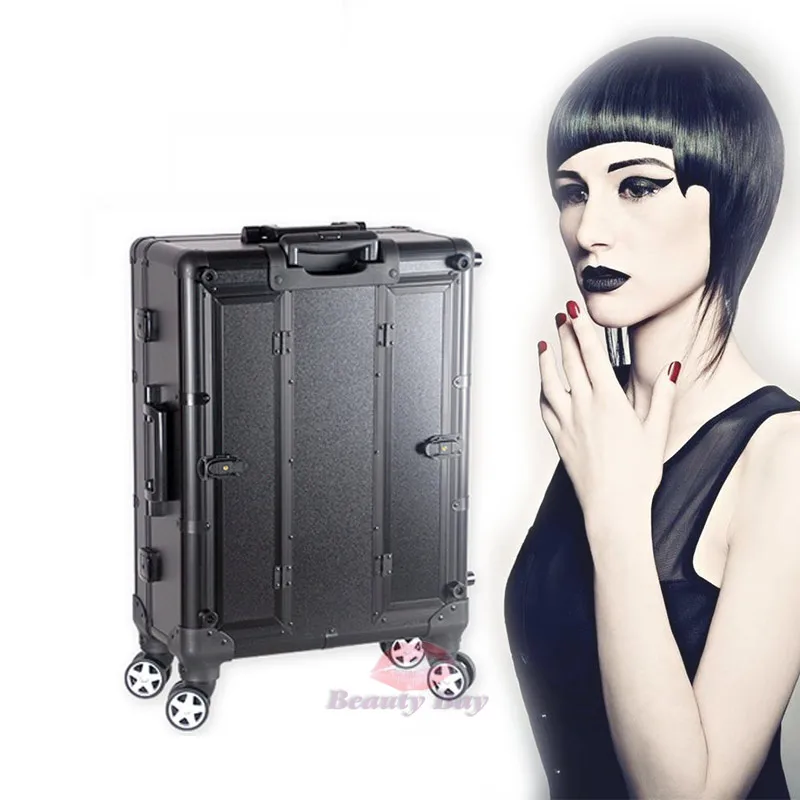 Профессиональный Чехол для макияжа на колесиках черного цвета с подставкой