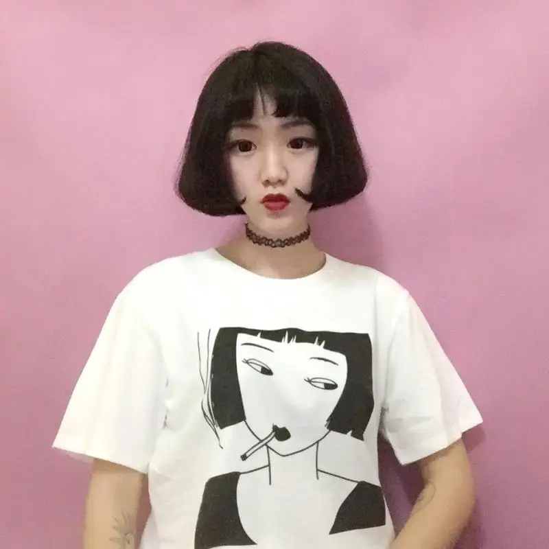 Новая модная повседневная футболка с короткими рукавами и принтом Smooking Girl |