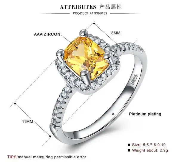 

Classic Woman Wedding Ring Real Solid 925 sterling silver Jewelry Ring gold color Cubic Zirconia CZ Engagement Ring