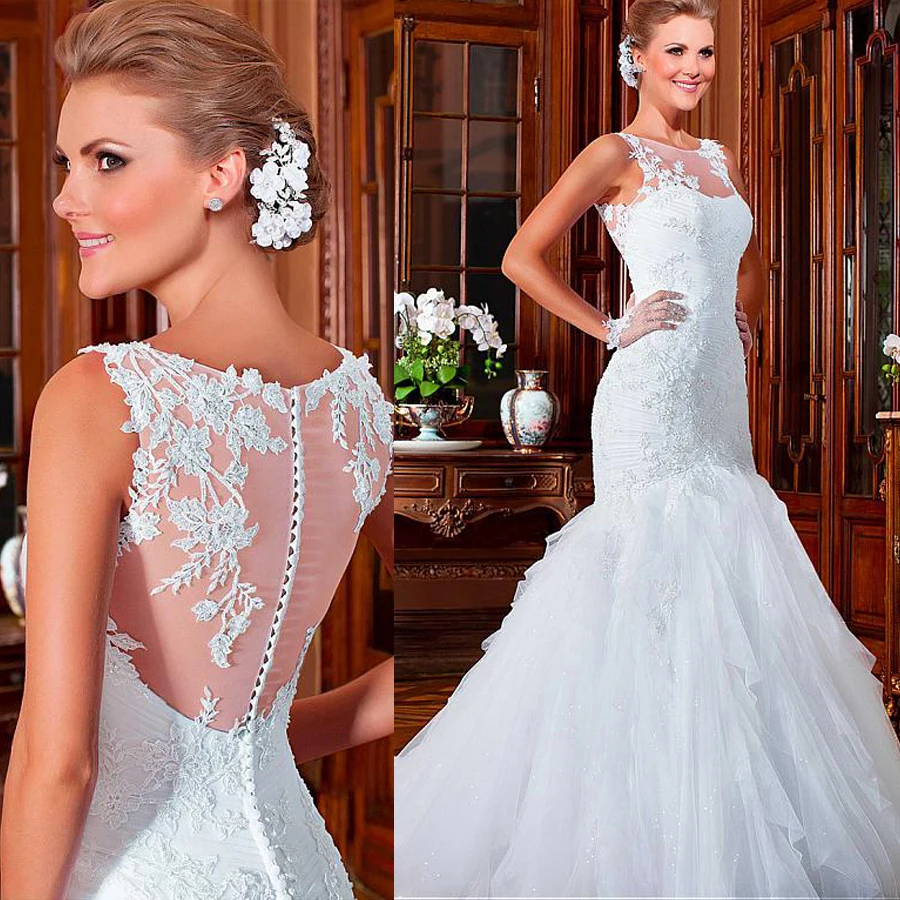

Alluring Tulle Jewel Neckline Mermaid Wedding Dresses with Beaded Lace Appliques Crisscross Ruched Sleeveless Bridal Gowns