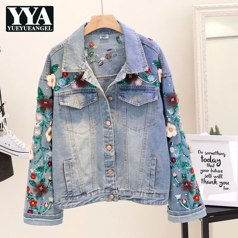 Женская джинсовая куртка с цветочной вышивкой осенняя Свободная отложным