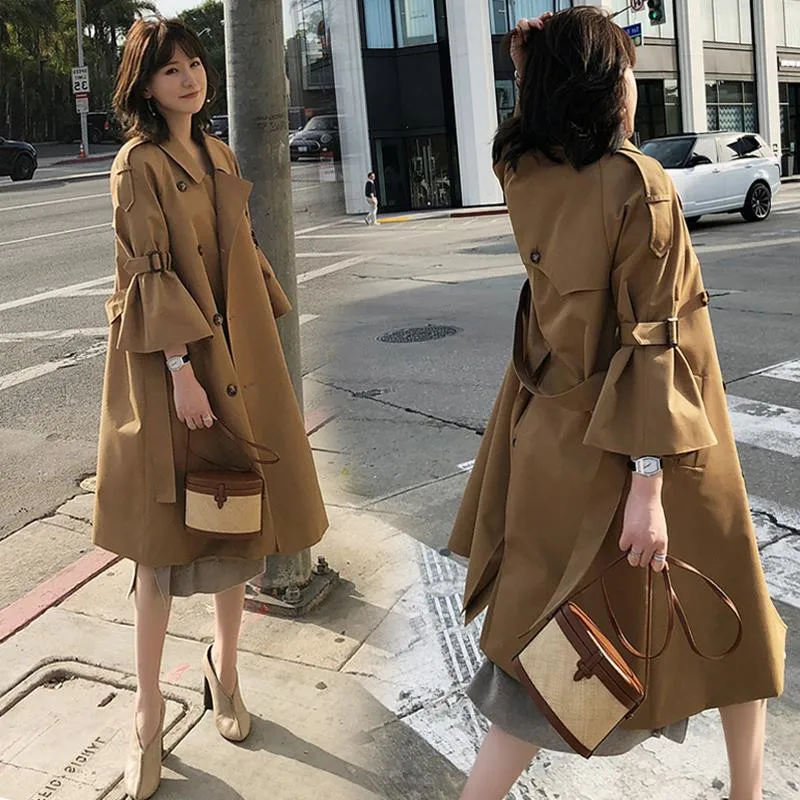 

2019 Autumn khaki Windbreaker Female Bell Sleeve Casual Loose Trench Coat With Sashes Elegant Ladies Overcoat Outerwear R418