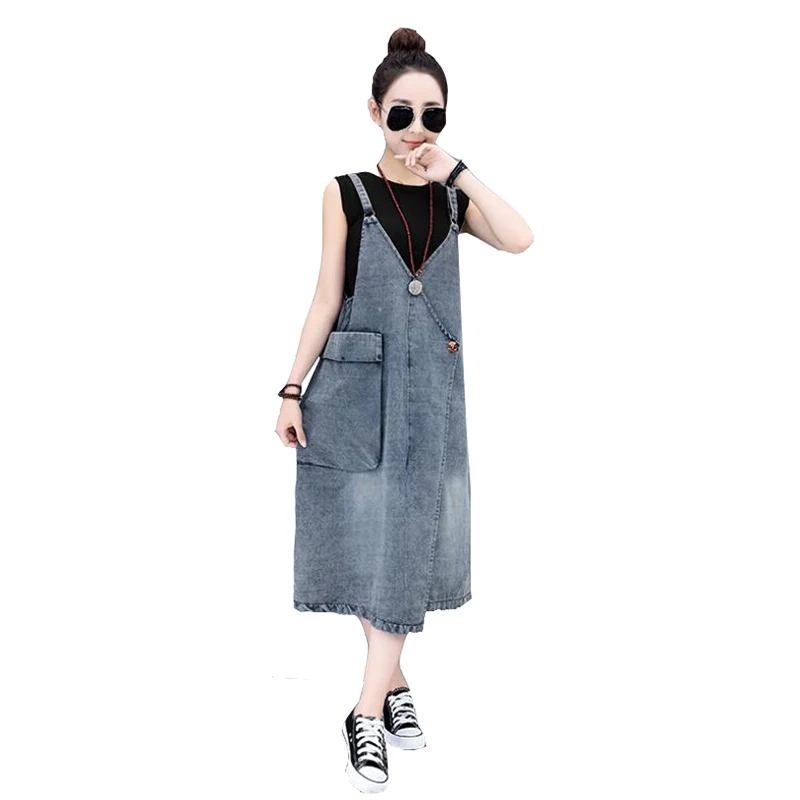 

Large pocket strap dress female 2020 spring and summer new loose large size women's denim strap dress fashion slim
