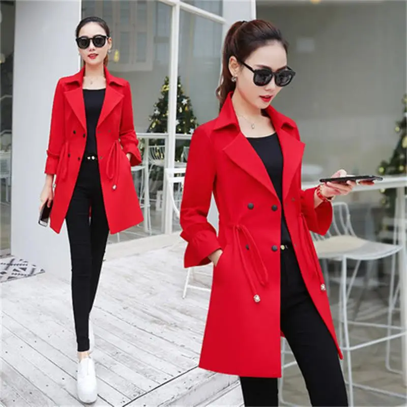 

Women fall Medium long coat spring new versionof the solid color wild fashion large size was thin drawstring tide Windbreaker Ms