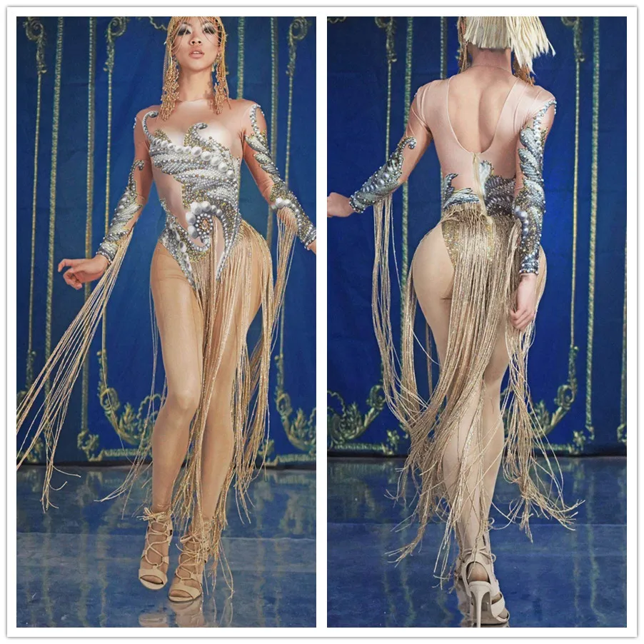 

Female Sexy Fake Fleshy One-piece Shorts With Long Tassels Stage Costume Jumpsuit Woman Singer Dancer Wear Bodysuit