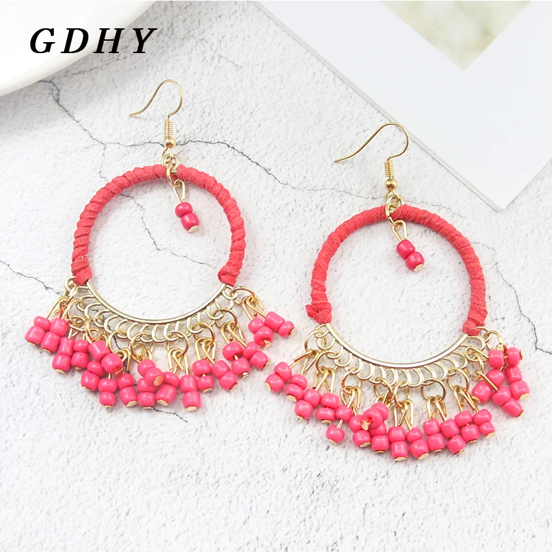 GDHY Bohemian Beaded Long Tassel Drop Earrings For Women Handmade Red Beads Dangle Ethnic Female Wedding Gift Jewelry | Украшения и