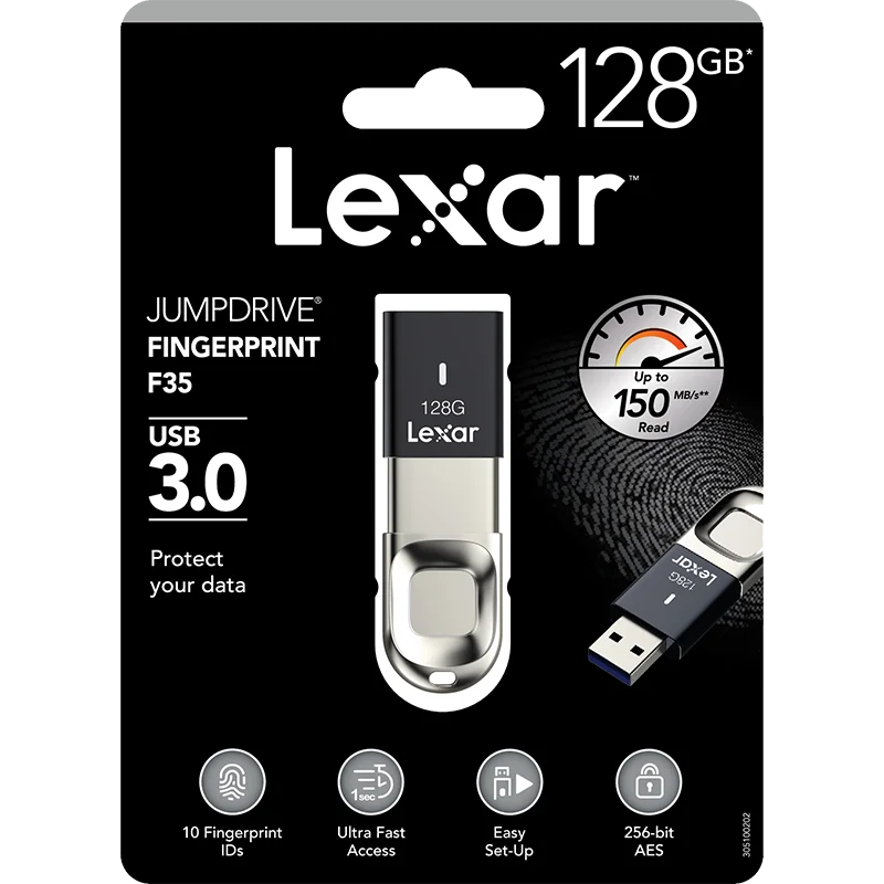 Lexar 32 ГБ, 64 ГБ, 128 г USB3.0 U диск F35 Скорость чтения 150 МБ/с. металл отпечатков пальцев шифрование U диск защиты конфиденциальности и безопасности