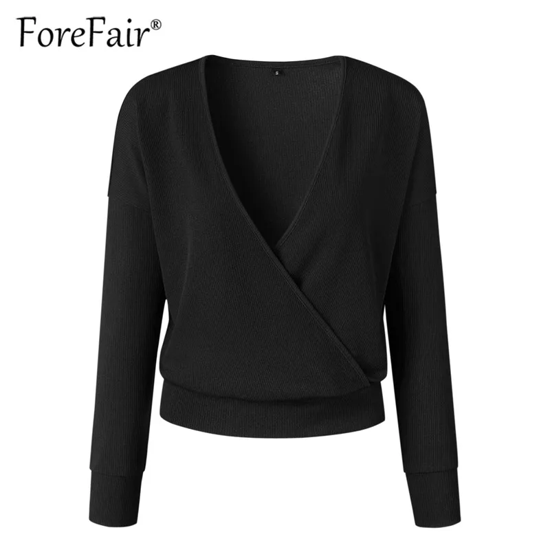 Черный Forefair, трикотажная футболка, Женский Топ, осень, крест-накрест, v-образный вырез, длинный рукав, футболка, женский трикотаж, повседневные топы, футболки - Цвет: Черный