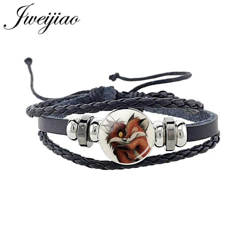 WF02 JWEIJIAO, новинка, милый браслет в виде лисы, стекло, изображение животного, кабошон, очаровательный черный браслет из искусственной кожи, браслет, браслет в стиле панк, ювелирное изделие, подарок CN96 - Окраска металла: WF02