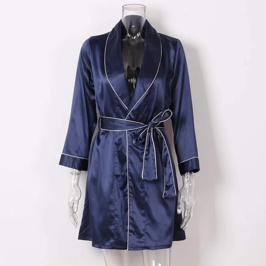 Dark blue Женский кардиган из искусственного шелка с длинным рукавом и воротником-шалью, халат, домашняя одежда для сна, ночная сорочка US$9,9 - Цвет: Dark blue