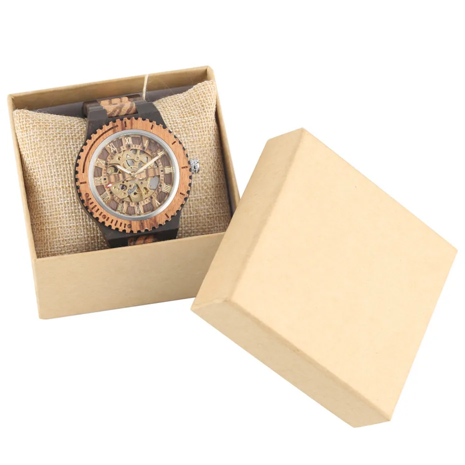 black with box Роскошные Деревянные Часы механические самовзводные мужские часы Высокое качество деревянный браслет ремешок для часов римские цифры дисплей автоматические часы - Цвет: black with box