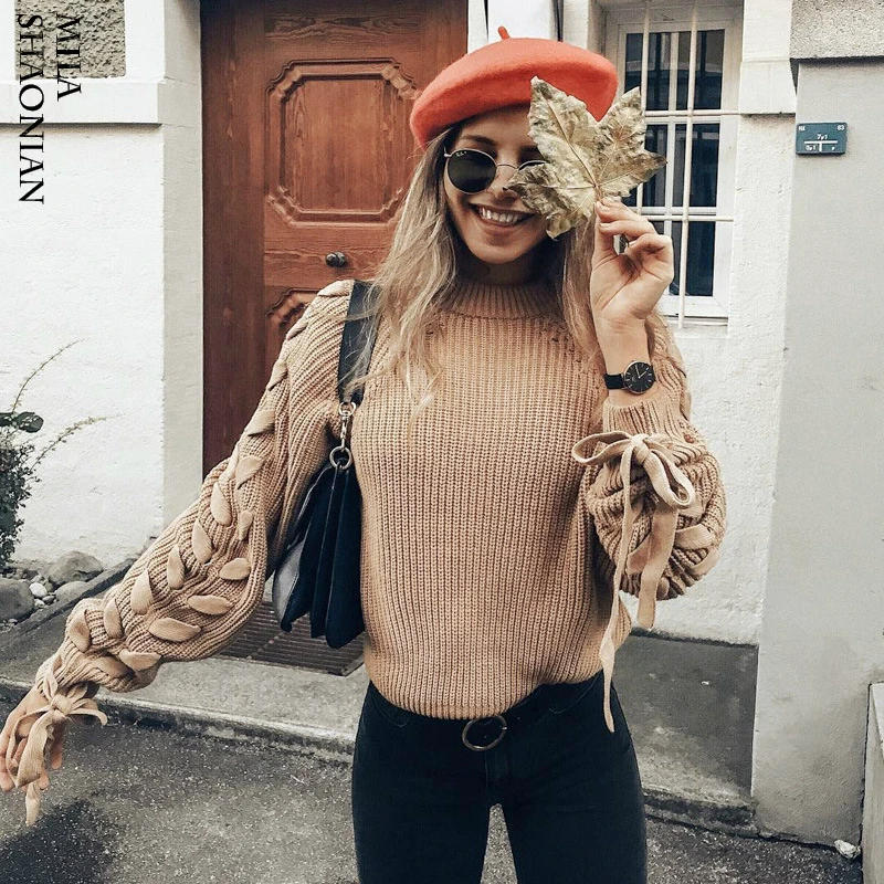 Autumn Casual Pullovers Sweater Women Lace Up Tops O-neck Long Sleeves Solid Weave Ribbons Essential Jumper Loose Sweaters 2018 | Женская