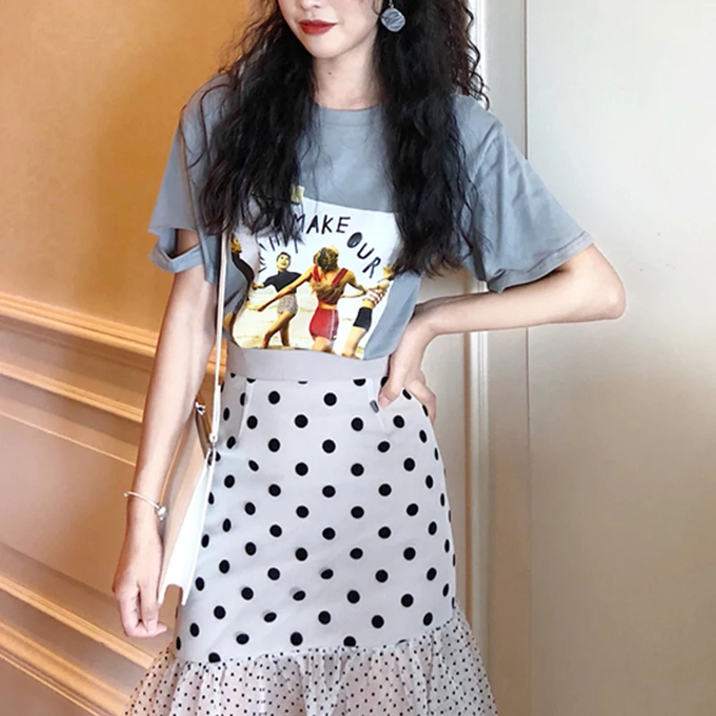 Возможно у серая сетчатая Лоскутная юбка средней длины в горошек Повседневная