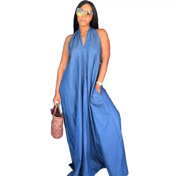 Женское длинное платье с лямкой на шее свободное летнее без рукавов открытой