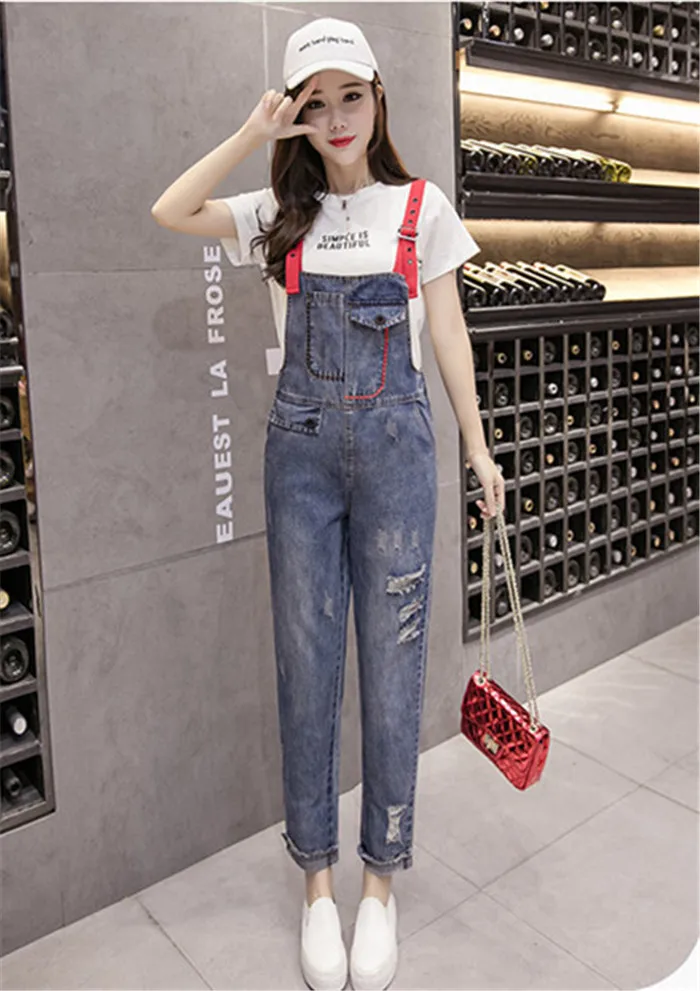 Harajuku Стиль Для женщин отверстие джинсовые Jumusuit женский Повседневное свободные ремень детский комбинезон