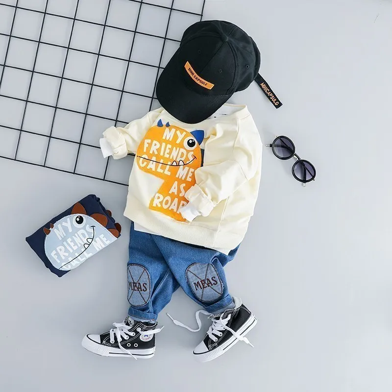 BO zilong F Beige Демисезонный для детей ясельного возраста детская одежда костюмы для мальчиков и девочек, одежда для мальчиков детская куртка и джинсы; 2 комплекта в шт./компл. для малышей с рисунком героев из мультфильмов, костюм, спортивный костюм - Цвет: BO zilong F Beige