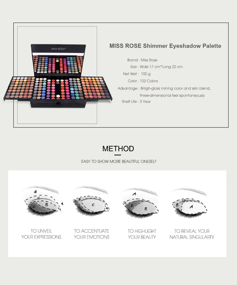 MISS ROSE Brand Shimmer Glitter Matte Eyeshadow Palette Waterproof Eye Shadow Long Lasting Makeup