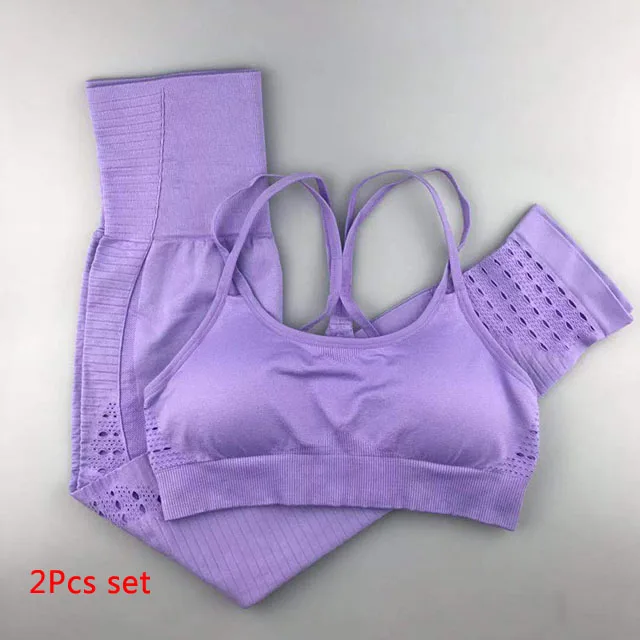 Violet 2Pcs set 2 шт./компл. Бесшовные Спортивный костюм Для Женщин Йога набор мягкий пуш-ап спортивный бюстгальтер Фитнес Костюмы женские эластичные леггинсы, брюки для девочек - Цвет: Violet 2Pcs set